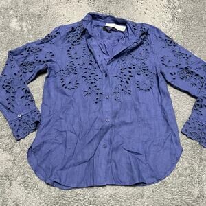 J Crew Shirt Womens 6 Classic Fit Eyelet Sleeve Linen Cottagecore Button